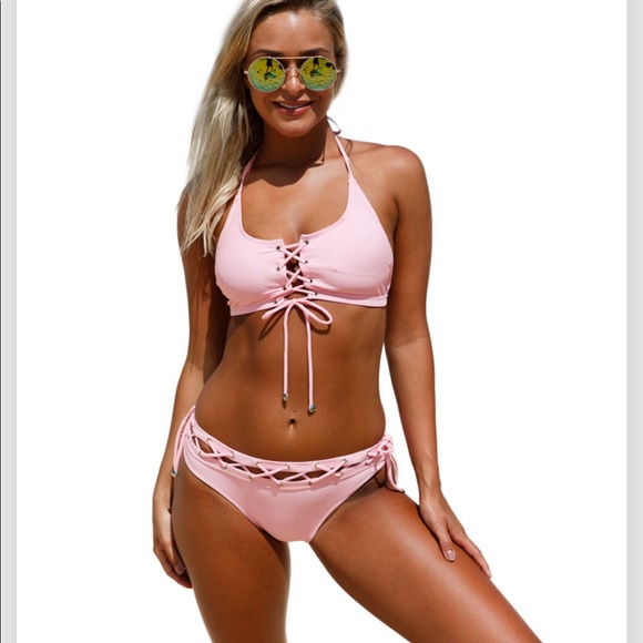 Other - 🔥ALL LACED UP🔥Halter Bralette Bikini Two Piece Swimsuit Pink S/M/L NWT